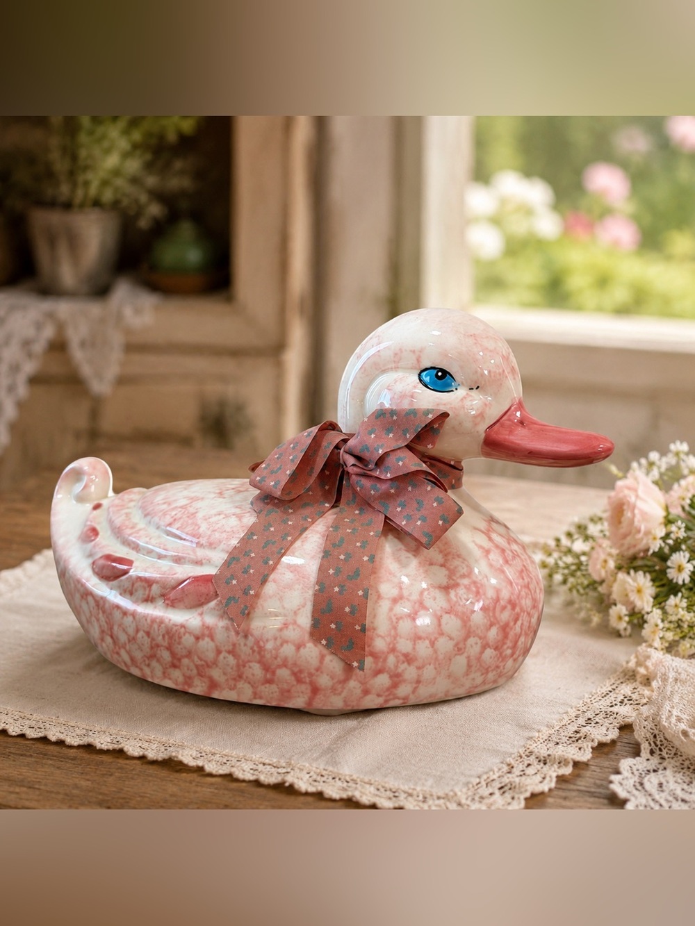 Vintage Loomco Pink Ceramic Duck Covered Dish Trinket Box Cottagecore Decor